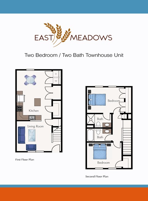 A brochure for a two bedroom, two bath townhouse unit by East Meadows.